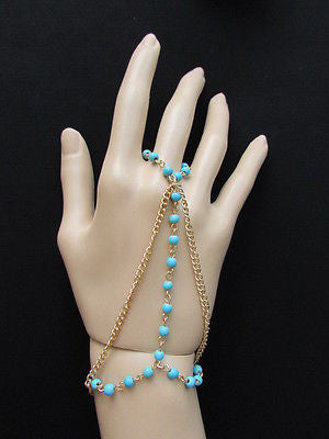 Women Gold Fashion 3 Strands Hand Chains Sky Blue Beads Hand Bracelet Slave Ring - alwaystyle4you - 1