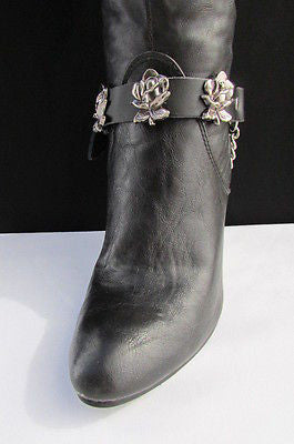 Silver Boot Chain Bracelet Pair Black Leather Straps Rose Flowers New Western Women Men - alwaystyle4you - 13