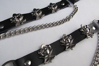 Silver Boot Chain Bracelet Pair Black Leather Straps Rose Flowers New Western Women Men - alwaystyle4you - 12