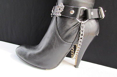 Silver Boot Chain Bracelet Pair Black Leather Straps Rose Flowers New Western Women Men - alwaystyle4you - 11
