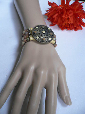 Beige Brown Wood Cream / Brown Bracelet Gold Dots Beads Native Style Fashion New Women Jewelry Accessories - alwaystyle4you - 6