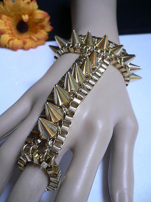 New Women Gold Meatl Hand Links Chain Spikes Slave Bracelet Wrist Ring Connected - alwaystyle4you - 12