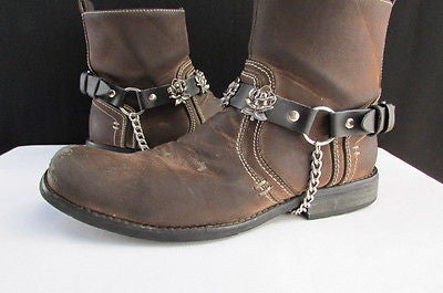 Silver Boot Chain Bracelet Pair Black Leather Straps Rose Flowers New Western Women Men - alwaystyle4you - 4