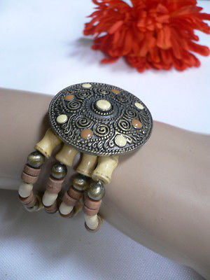 Beige Brown Wood Cream / Brown Bracelet Gold Dots Beads Native Style Fashion Women Jewelry Accessories - alwaystyle4you - 1