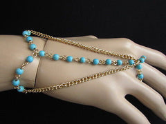 Women Gold Fashion 3 Strands Hand Chains Sky Blue Beads Hand Bracelet Slave Ring - alwaystyle4you - 3