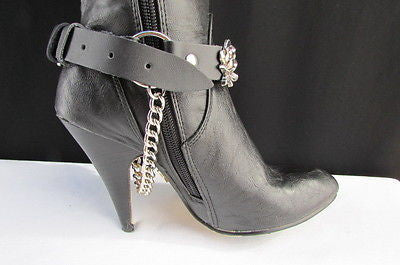 Silver Boot Chain Bracelet Pair Black Leather Straps Rose Flowers New Western Women Men - alwaystyle4you - 14