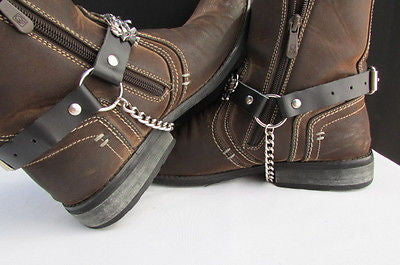 Silver Boot Chain Bracelet Pair Black Leather Straps Rose Flowers New Western Women Men - alwaystyle4you - 10