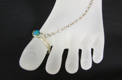 Silver Metal Foot Chain Toe Ring Slave Anklet Multi Beads Blue White Black Stones Women Accessories