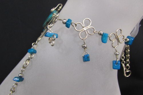 Silver Metal Foot Chain Toe Ring Slave Anklet Multi Beads Blue White Black Stones Women Accessories