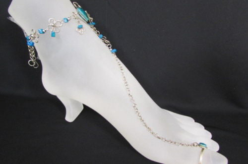 Silver Metal Foot Chain Toe Ring Slave Anklet Multi Beads Blue White Black Stones Women Accessories