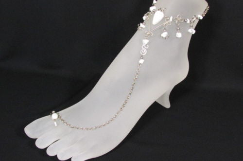 Silver Metal Foot Chain Toe Ring Slave Anklet Multi Beads Blue White Black Stones Women Accessories