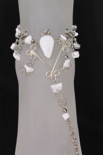 Silver Metal Foot Chain Toe Ring Slave Anklet Multi Beads Blue White Black Stones Women Accessories