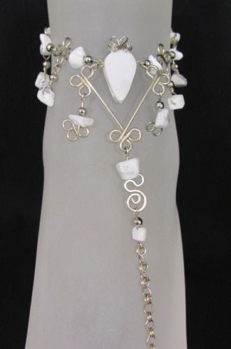 Silver Metal Foot Chain Toe Ring Slave Anklet Multi Beads Blue White Black Stones Women Accessories