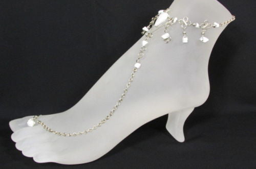 Silver Metal Foot Chain Toe Ring Slave Anklet Multi Beads Blue White Black Stones Women Accessories