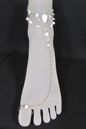 Silver Metal Foot Chain Toe Ring Slave Anklet Multi Beads Blue White Black Stones Women Accessories