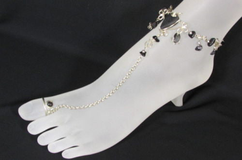 Silver Metal Foot Chain Toe Ring Slave Anklet Multi Beads Blue White Black Stones Women Accessories