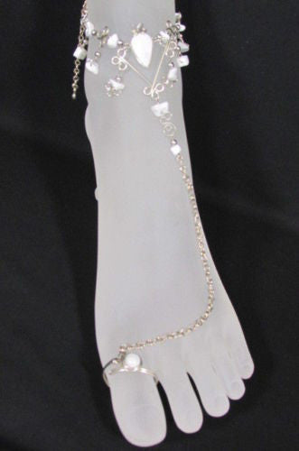 Silver Metal Foot Chain Toe Ring Slave Anklet Multi Beads Blue White Black Stones Women Accessories