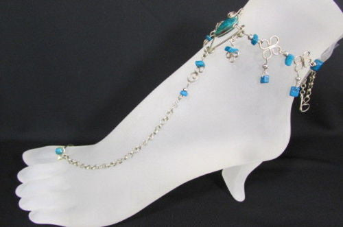Silver Metal Foot Chain Toe Ring Slave Anklet Multi Beads Blue White Black Stones Women Accessories