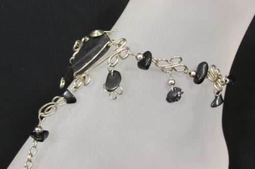 Silver Metal Foot Chain Toe Ring Slave Anklet Multi Beads Blue White Black Stones Women Accessories
