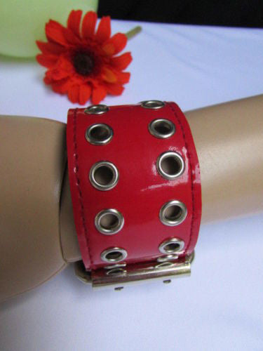 Red Wide Faux Patent Leather Silver Buckle Bracelet Fashion New Unisex Jewelry Accessories Motorcycle Style - alwaystyle4you - 14