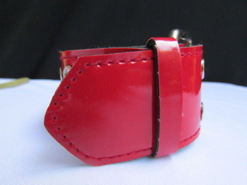 Red Wide Faux Patent Leather Silver Buckle Bracelet Fashion New Unisex Jewelry Accessories Motorcycle Style - alwaystyle4you - 5