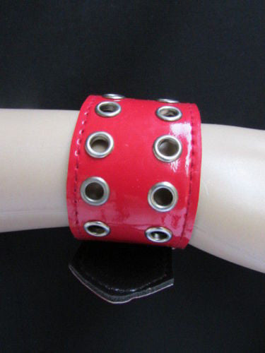Red Wide Faux Patent Leather Silver Buckle Bracelet Fashion New Unisex Fashion Accessories