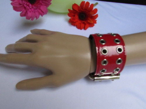 Red Wide Faux Patent Leather Silver Buckle Bracelet Fashion New Unisex Jewelry Accessories Motorcycle Style - alwaystyle4you - 8