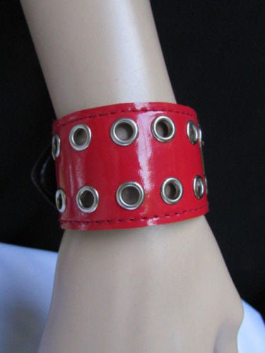 Red Wide Faux Patent Leather Silver Buckle Bracelet Fashion New Unisex Jewelry Accessories Motorcycle Style - alwaystyle4you - 9