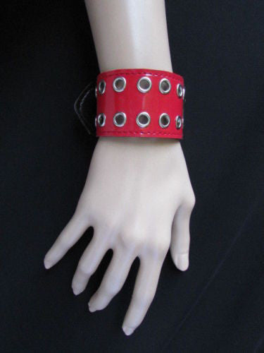Red Wide Faux Patent Leather Silver Buckle Bracelet Fashion New Unisex Jewelry Accessories Motorcycle Style - alwaystyle4you - 12