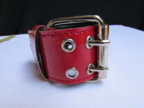 Red Wide Faux Patent Leather Silver Buckle Bracelet Fashion New Unisex Jewelry Accessories Motorcycle Style - alwaystyle4you - 13