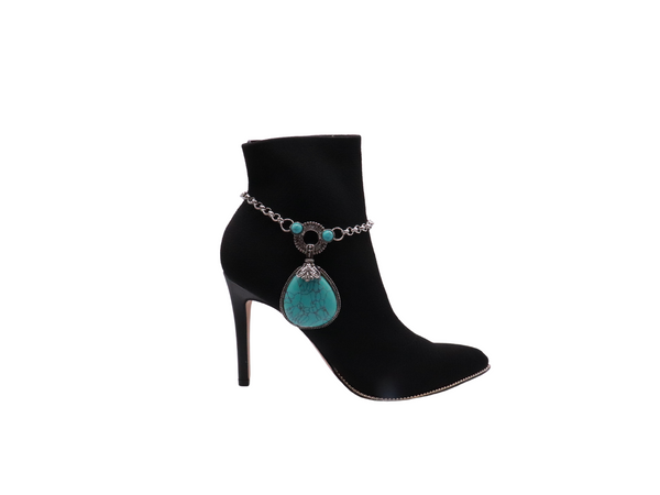 Brand New Women Silver Metal Chain Boot Bracelet Shoe Turquoise Blue Bead Charm Fashion Jewelry