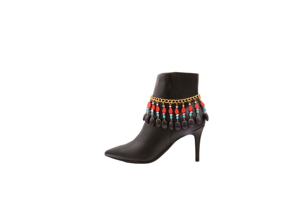 Brand New Women Gold Metal Boot Chain Bracelet Shoe Red Turquoise Beads Charm