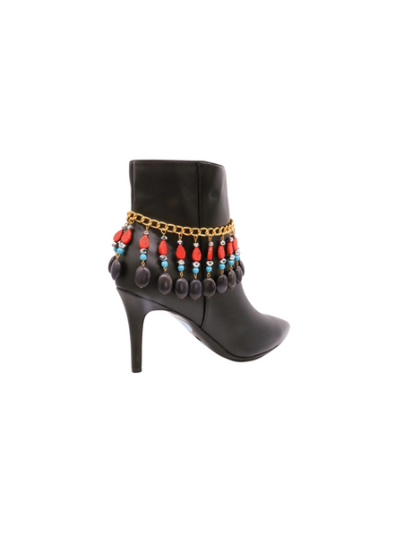 Brand New Women Gold Metal Boot Chain Bracelet Shoe Red Turquoise Beads Charm