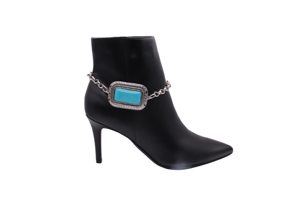Brand New Women Silver Metal Chain Western Boot Bracelet Anklet Shoe Turquoise Blue Color Ethnic Charm
