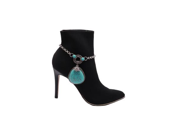 Brand New Women Silver Metal Chain Boot Bracelet Shoe Turquoise Blue Bead Charm Fashion Jewelry