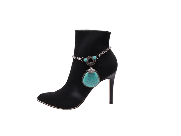 Brand New Women Silver Metal Chain Boot Bracelet Shoe Turquoise Blue Bead Charm Fashion Jewelry