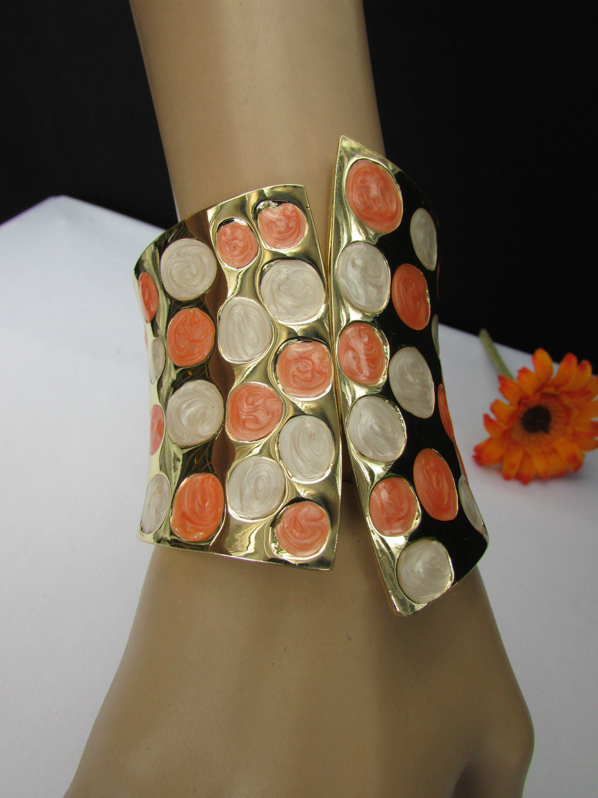 Gold Metal Wide Cuff Bracelet Claws White Peach Polka Dots Women Fashion Jewelry Accessories - alwaystyle4you - 1
