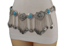 Silver Metal Chains Blue Beads Multi Coins Belt Ethnic Moroccan S M