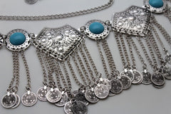 Silver Metal Chains Blue Beads Multi Coins Belt Ethnic Moroccan S M