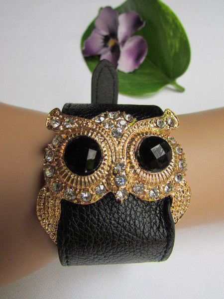 Aqua Blue / Pink / Light Pink / Black Faux Leather Strap Nude Bracelet Gold Metal Owl Head Black Rhinestone Fashion New Women Jewelry Accessories - alwaystyle4you - 39