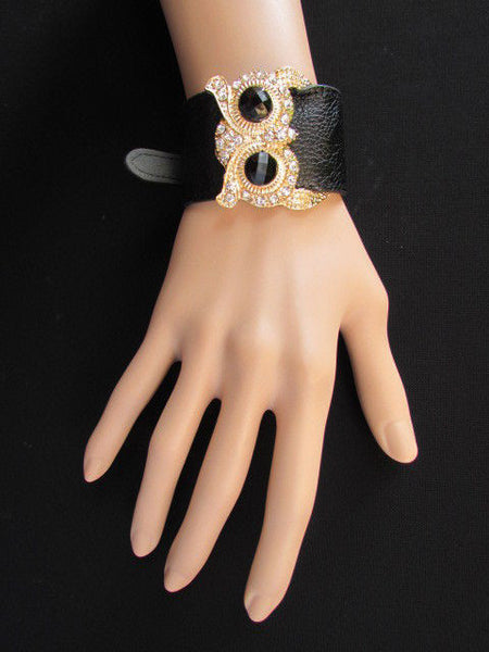 Aqua Blue / Pink / Light Pink / Black Faux Leather Strap Nude Bracelet Gold Metal Owl Head Black Rhinestone Fashion New Women Jewelry Accessories - alwaystyle4you - 42