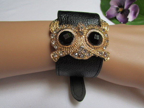 Aqua Blue / Pink / Light Pink / Black Faux Leather Strap Nude Bracelet Gold Metal Owl Head Black Rhinestone Fashion New Women Jewelry Accessories - alwaystyle4you - 5