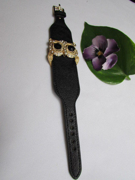 Aqua Blue / Pink / Light Pink / Black Faux Leather Strap Nude Bracelet Gold Metal Owl Head Black Rhinestone Fashion New Women Jewelry Accessories - alwaystyle4you - 34
