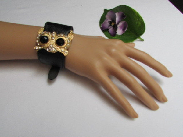 Aqua Blue / Pink / Light Pink / Black Faux Leather Strap Nude Bracelet Gold Metal Owl Head Black Rhinestone Fashion New Women Jewelry Accessories - alwaystyle4you - 36