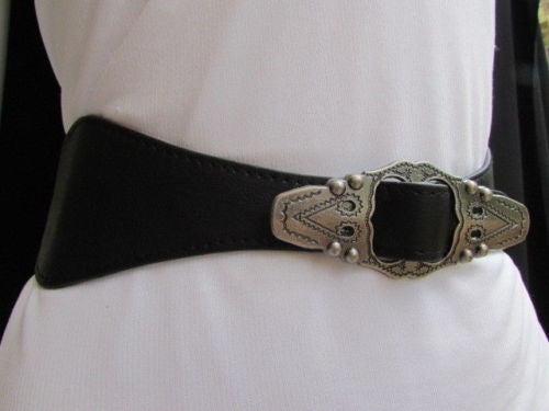 Black Faux Leather Elastic Waist Hip Belt Silver Moroccan Buckle New Women Fashion Accessories S M - alwaystyle4you - 10