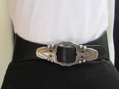 Black Faux Leather Elastic Waist Hip Belt Silver Moroccan Buckle New Women Fashion Accessories S M - alwaystyle4you - 2