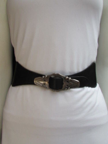 Black Faux Leather Elastic Waist Hip Belt Silver Moroccan Buckle New Women Fashion Accessories S M - alwaystyle4you - 3