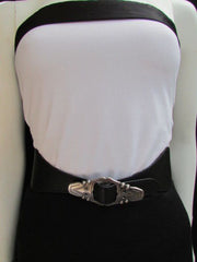 Black Faux Leather Elastic Waist Hip Belt Silver Moroccan Buckle New Women Fashion Accessories S M - alwaystyle4you - 4