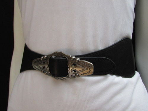 Black Faux Leather Elastic Waist Hip Belt Silver Moroccan Buckle New Women Fashion Accessories S M - alwaystyle4you - 5