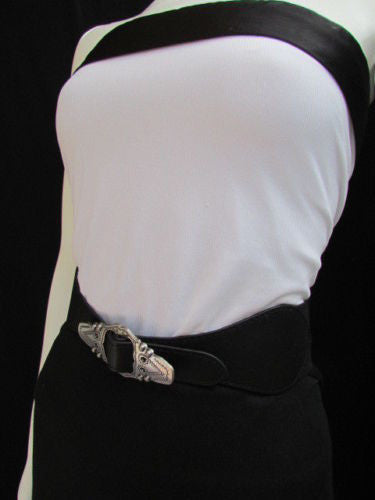 Black Faux Leather Elastic Waist Hip Belt Silver Moroccan Buckle New Women Fashion Accessories S M - alwaystyle4you - 7